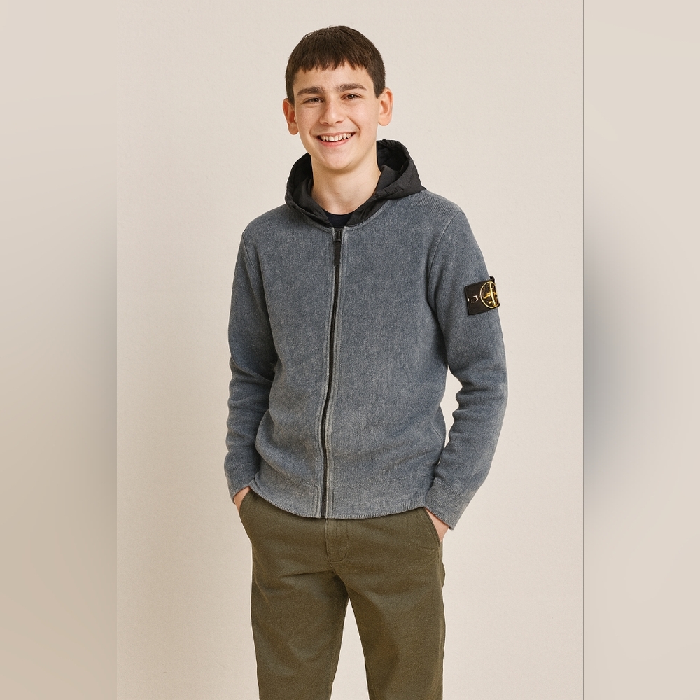 Stone Island Junior Faded Gray Lightweight Hoodie with Nylon Hood & Compass Patc